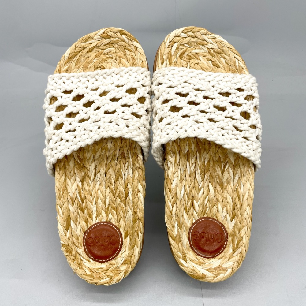 Chloe Wavy Crochet Slides Womens 38 7.5 Woven Raffia Sandals White Boho Coastal - Picture 8 of 11